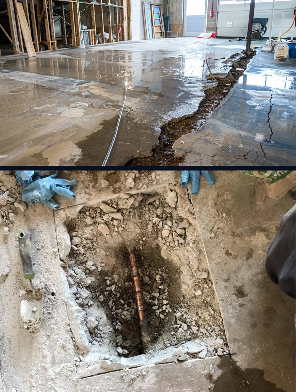 Slab leak damage and exposed copper water line during slab leak repair