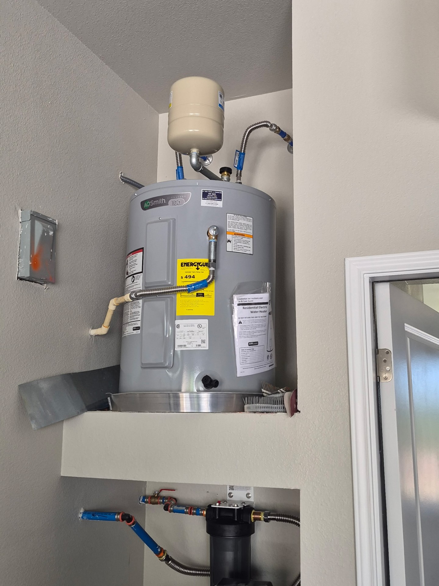 Installed A.O. Smith electric water heater with expansion tank
